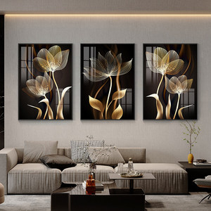 Ensemble d'art mural floral doré, 3 triptyques, en alliage d'aluminium, papier noir et or, <span class=keywords><strong>peinture</strong></span> florale abstraite, décoration de salon moderne de luxe - Product Image 2