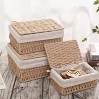 Petits paniers de rangement en osier avec couvercles et doublure, paniers rectangulaires en corde de papier tressée pour l'organisation, lot de 3