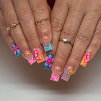 Faux ongles artificiels souples blancs nude 3D à volants, forme carrée française, couvrance totale, avec colle, strass et breloques cœur, faits à la main
