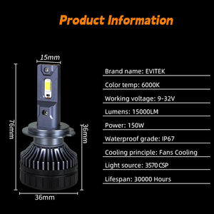 OEM Evitek V8 150W 15000LM LED H7 H11 H4 9005 9006 H1 H3 9004 9007 H13 Faro LED para Automóviles Universales - Product Image 2