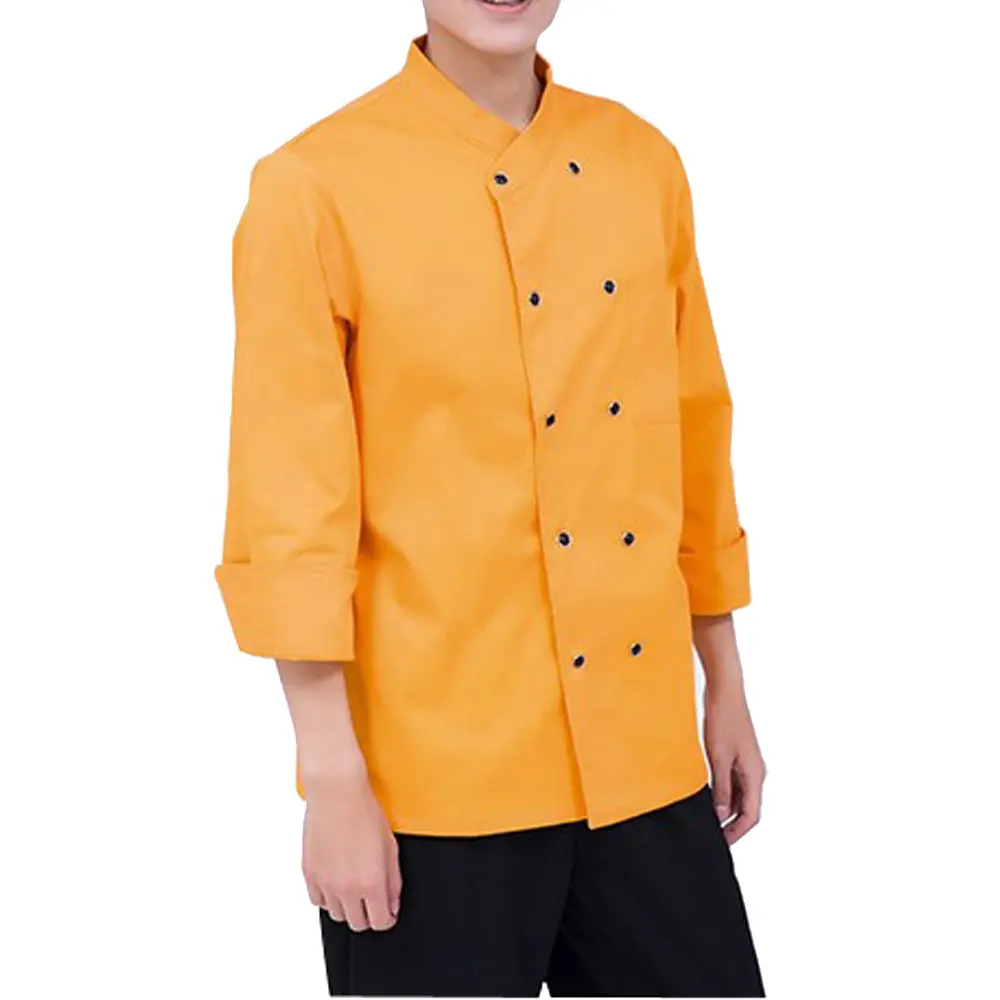 Venta al por mayor profesional personalizada moda de manga larga amarillo doble botón chef uniforme para restaurante chef abrigo