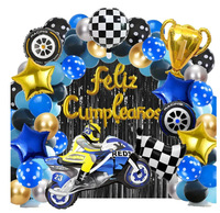 Kit de Décoration de Fête Thème Course Moto en Gros, Bannière Lettres Espagnoles, Ensemble de Ballons en Latex et Aluminium, Décoration de Scène d'Anniversaire pour Garçons