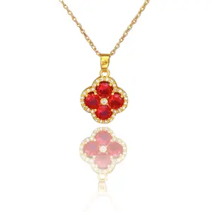 Lucky Flower Necklace With Red Zircon Stainless Steel Personalized Flower Pendant Wholesale Fashion New Design Simple Necklace