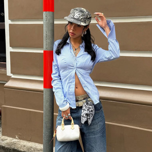 Camisa de manga larga a rayas azules para mujer, diseño con espalda descubierta y lazo en la cintura, botones frontales, blusa informal tipo cárdigan, top de moda - Product Image 4