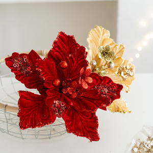 A00842 - Fleurs <span class=keywords><strong>de</strong></span> <span class=keywords><strong>Noël</strong></span> artificielles en velours vert à paillettes Poinsettia - Product Image 3