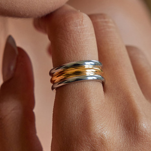 Modern Minimalist Three Layer Stainless Steel <b>Ring</b> Gold <b>Silver</b> Color Blocking Unisex Fashion Jewelry Gift - Product Image 3
