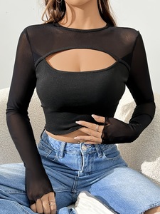 Top Corto Sexy de <span class=keywords><strong>Manga</strong></span> Larga para <span class=keywords><strong>Mujer</strong></span> Verano 2024, Novedad Estilo Europeo y Americano con Malla Calada al Frente, Talla XL, Camiseta de Algodón - Product Image 5