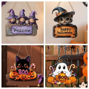 Hot New Halloween Decoraciones Puerta de madera Letrero Gatito Bruja Fantasma Colgando Decoraciones de pared Fiesta en casa Suministros de vacaciones Props - Product Image 3