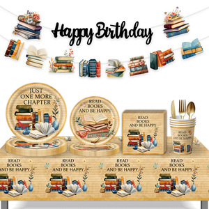 Retro Books Party Supplies Paper Plates Cups Napkins 60-80 Pcs Reading Theme Birthday Decorations Environment Friendly - Product Image 3