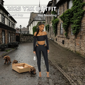 Ensemble deux pièces sexy : Crop top à manches longues et épaules dénudées avec empiècement transparent et pantalon slim – Idéal pour l'automne - Product Image 2