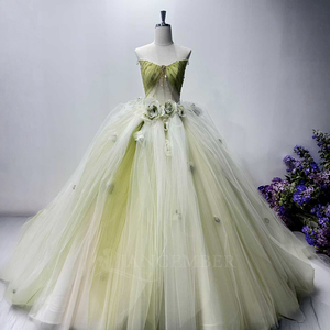 Robe de Quinceañera Spjy014 en satin vert sauge avec appliques florales 3D, corset perlé et tulle scintillant pour soirée de bal - Product Image 6
