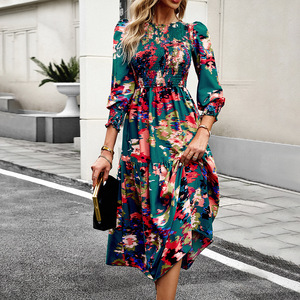 Váy liền thân nữ cổ V tay dài họa tiết hoa, váy dài đi biển thanh lịch phong cách boho, váy <span class=keywords><strong>midi</strong></span> thường ngày - Product Image 1