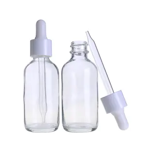 Confezione di olio essenziale per capelli 100ml 60ml 1oz 4 oz flacone contagocce rotondo in vetro ambrato trasparente Boston con tappo per pipetta di colore bianco