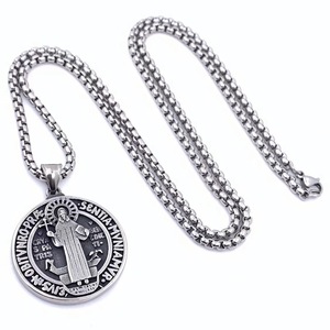 Stainless Steel <b>Cross</b> Pendant Necklace Men's Religious Charm Round Embossed Design 2160104 - Product Image 3