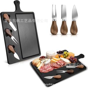Cheese Board <b>Set</b> With Knives And Forks For Serving Cheese And Charcuterie Durable Black Cutting Board With Wooden Handles - Product Image 1