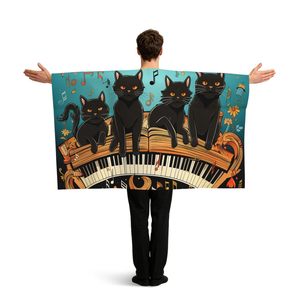 OEM ODM Cuatro gatos negros acostados sobre <span class=keywords><strong>el</strong></span> teclado del <span class=keywords><strong>piano</strong></span> Capa con diseño de bandera y mangas para adultos, Capa de bandera portátil, Bandera corporal ligera - Product Image 1