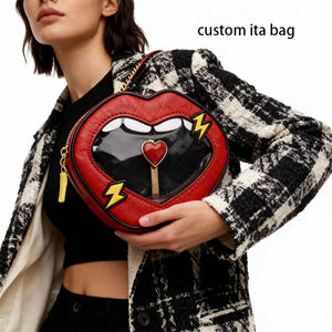 Custom Lips Shape Ita <b>Bag</b> with Clear Window <b>Heart</b> Lollipop Design PU Leather Crossbody <b>Bag</b> for Pin Display - Product Image 3