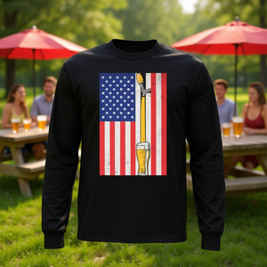 Camiseta de Manga Larga con Estampado Digital de la Bandera Americana y Grifo de Cerveza, Unisex para Adultos, Cuello Redondo, Promocional - Product Image 3