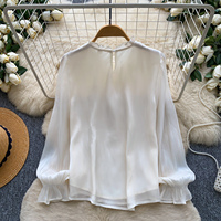 Chemise élégante à manches longues de style français pour femmes avec col à volants décoré de perles