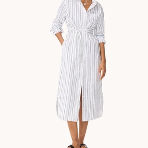 Vestido de Lino de Verano Casual y Moderno para Mujer, Diseño OEM, Nuevo y en Oferta, Elegante Vestido Camisero de Algodón a Rayas - Product Image 1