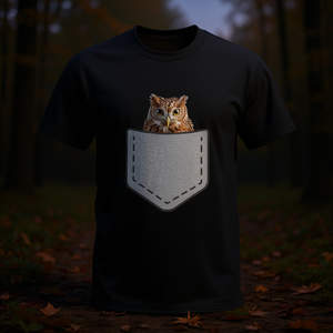 Camiseta con diseño de búho de bolsillo, color negro, unisex para adultos - Product Image 3