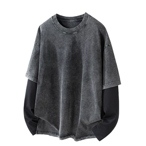 T-shirt décontracté surdimensionné pour homme de haute qualité, style vintage délavé à l'acide, manches contrastantes, faux deux pièces, manches longues, vente en gros - Product Image 1