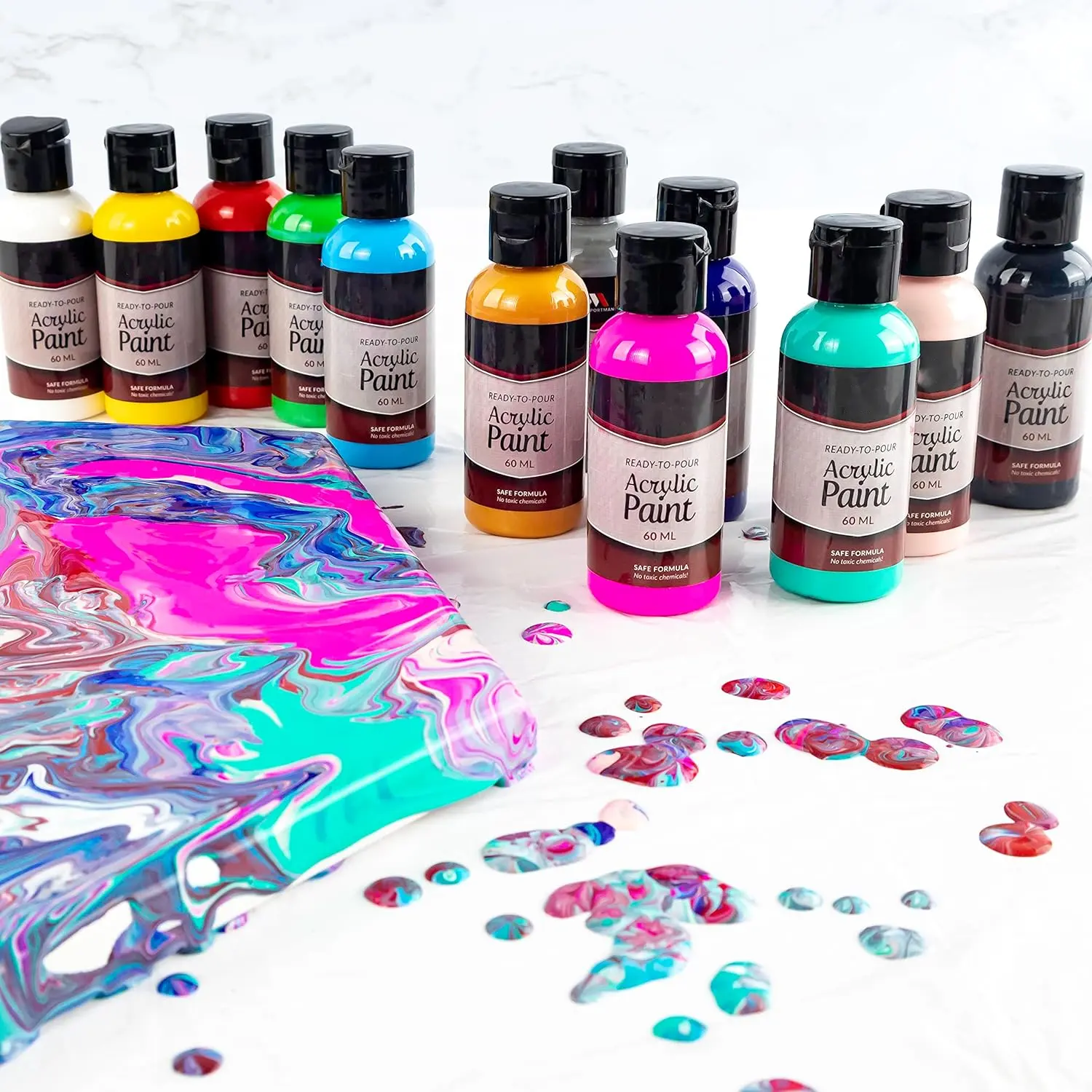 Kit de peinture acrylique 12 couleurs prêt à verser ensemble de liquide à haut débit avec bouteilles de fluide 2oz /60ml pour enfants adultes