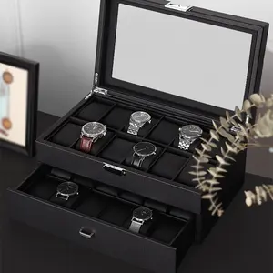 24手表盒黑色碳纤维24双层手表收纳盒PU皮革手链展示盒批发