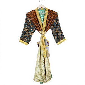 Kimono de Seda Estilo Boho para Mujer, Túnica con Parches Indios, Ropa de Dormir, Método de Tejido de Punto, Cuello en V, Cierre con Cordón - Product Image 1