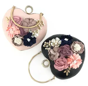 2021 wholesale luxury evening bag leather clutch ring lock, heart shape clutch bag evening leather case box