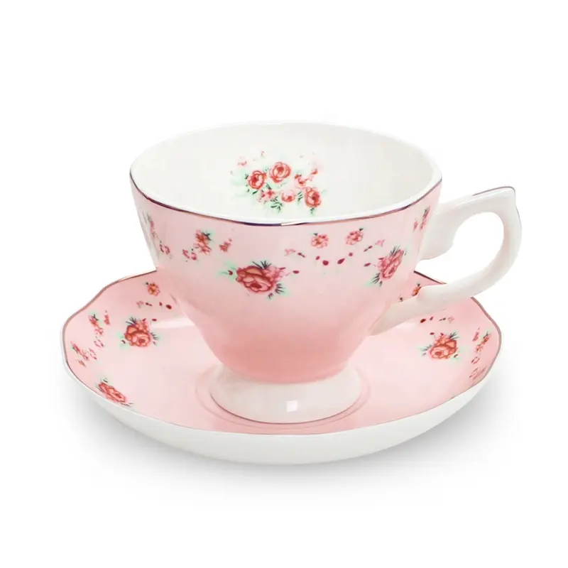 Hot Sale klassisches Muster Royal Porzellan Custom Design Tasse und Untertasse Bone China Pink Kaffeetasse und Untertasse Set für Hotel