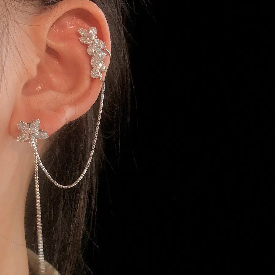1pcs TikTok Hot Long Flower Threader Earrings Shiny Silver Zircon Designs Jewelry Flower Shape Ear Cuff Earrings for Women