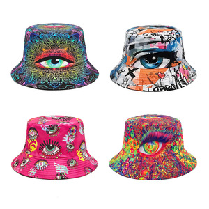 Chapeau Bob Rétro Hip-Hop Imprimé Yeux Psychedéliques Bohème Hippie <span class=keywords><strong>Graffiti</strong></span> 3D Unisexe Casquette de Soleil Rave pour Festival, Plage et Streetwear - Product Image 1