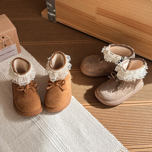 Bottes de neige pour enfants, bottes courtes à semelle souple et chaude en fourrure pour filles, avec nœud en dentelle, non légères - Product Image 2