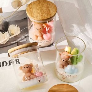 เทียนหอมรูปหมีน่ารักในขวดแก้วพร้อมฝาไม้ไผ่ เทียนงานฝีมือ ตกแต่งบ้าน - Product Image 1