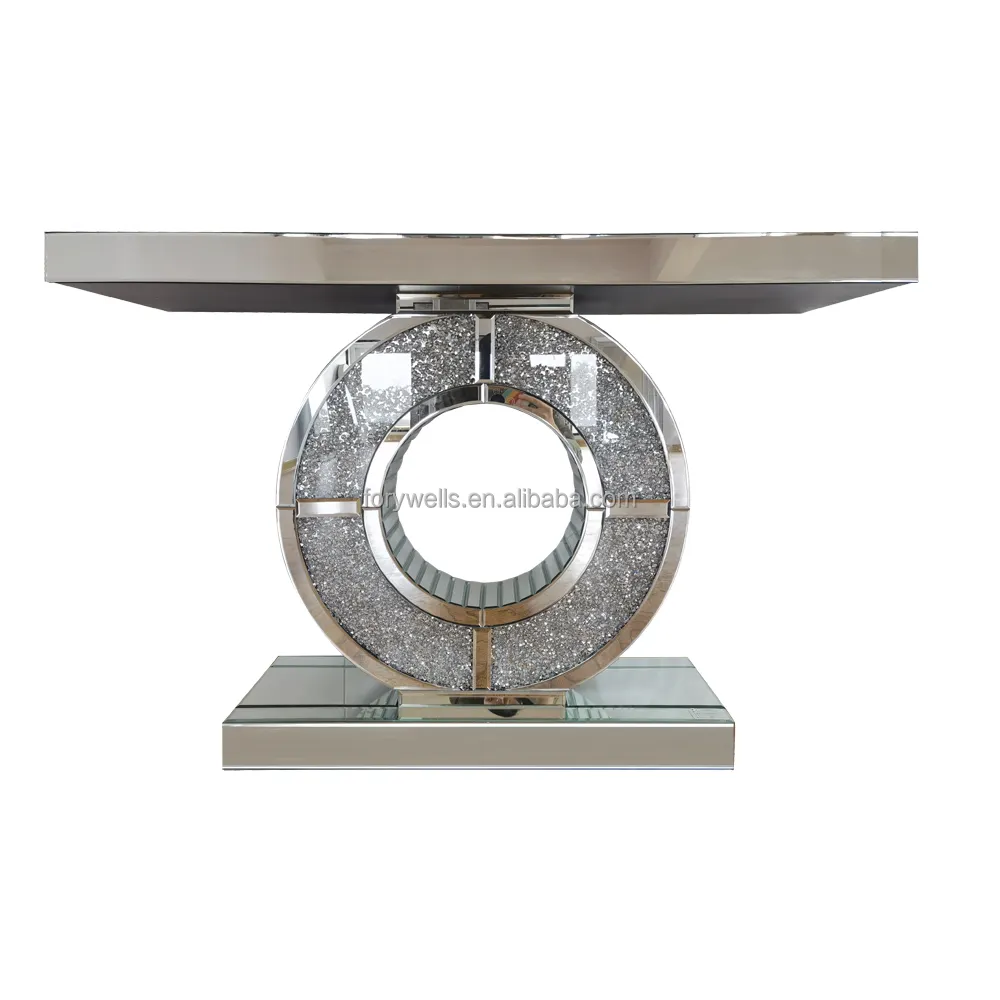 Luxury Crushed Diamond Livingroom Console Table with Round Wall-mounted Mirror set