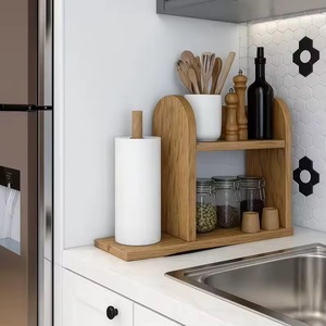 Wooden Kitchen Storage Rack Double Layer Organizer For Utensils Jars And <b>Paper</b> <b>Towel</b> Countertop <b>Holder</b> - Product Image 1