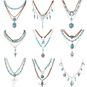 Conjunto de Collares de Turquesa Estilo Boho, 9 Piezas de Joyería Vaquera Occidental con Colgantes de <span class=keywords><strong>Cactus</strong></span> y Corazón - Product Image 1