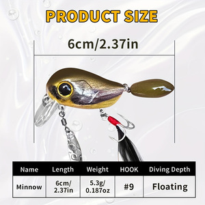 Leurre de pêche Crankbait Raylor 60mm 5.3g Micro Lumineux Imprimé en 3D pour Eau Douce, type Wobble Bass <span class=keywords><strong>Trout</strong></span>, avec Hameçon, Non Peint - Product Image 2