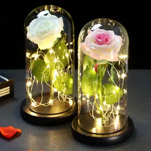 Rosa realista textura da bela e a fera rosa em cúpula de vidro flor led para presente de dia dos namorados e presente de dia das mães