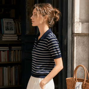 Women's Striped Knit Polo Shirt Short Sleeve Turn-<b>down</b> Collar 100% Cotton Summer Nautical Style Soft Regular Fit - Product Image 4