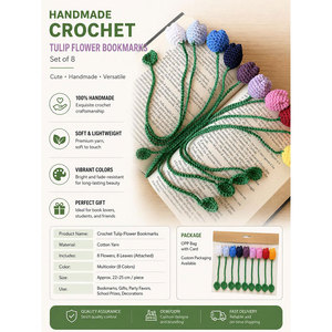 Handmade Crochet Tulip Flower Bookmarks Set Of 8 Multicolor Cotton Yarn Reusable Tulip Bookmark For Reading <b>Gifts</b> And Decoration - Product Image 3