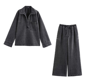 Women's Wholesale Spring New Set Blue Denim Shirt High Waist Wide Leg Pants Set - Product Image 3