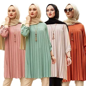 Wholesale 5XL Plus Size Dubai Abaya Muslim Women Dress Tops Long Sleeve Casual Pleated Modest Muslim Blouses Shirts