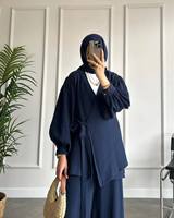 Ensemble 2 pièces pour femme : Blouse et pantalon large à lacets – Tenue musulmane arabe pour Ramadan, Maroc, Dubaï 2025