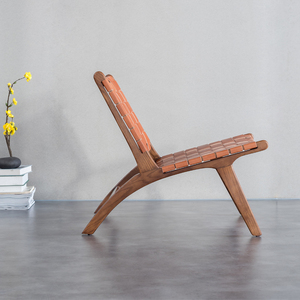 Fauteuil d'appoint en bois massif de style Mid-Century pour patio, avec revêtement en cuir tressé, fauteuil lounge semi-extérieur, canapé de relaxation et de bien-être - Product Image 4
