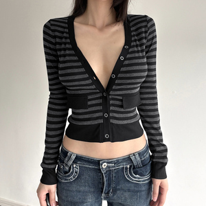 <b>Womens</b> Striped Color Block <b>V</b> <b>Neck</b> Button Front Cropped Long Sleeve Slim Fit Digital Printing <b>T</b> <b>Shirt</b> Streetwear Casual Top - Product Image 1