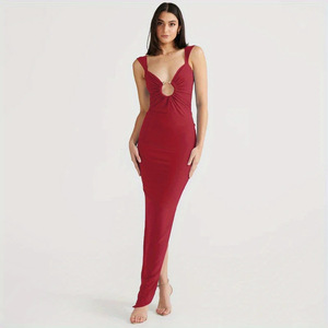 Club <b>Dress</b> Bodycon Slim Fit Long V-neck Hollow Backless Slit <b>Blue</b> Smlxlxxl Europe America - Product Image 2