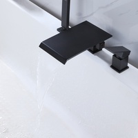 Robinet de bain noir mat 3 trous avec bec cascade large, levier fin, interrupteur latéral cubique, douchette gauche, robinet de baignoire noir