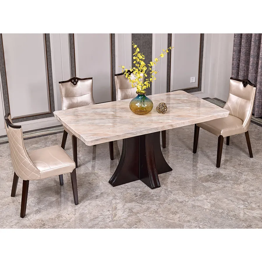 Tabelas e cadeiras do jogo de comedor da sala de jantar, móveis do mármore